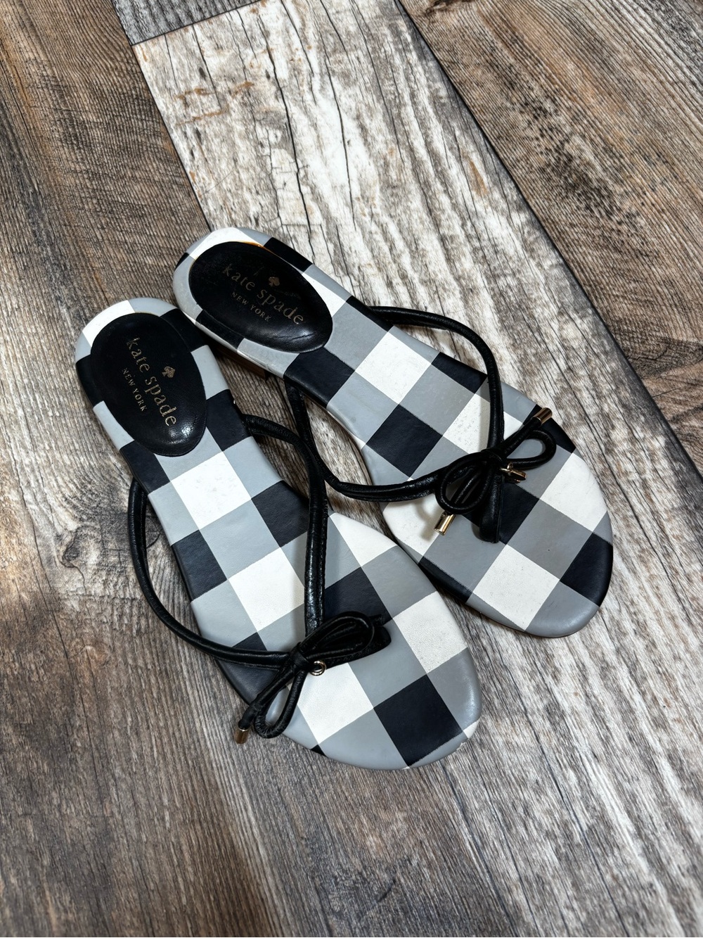 kate spade Black & White Gingham Bow Thong Sandals